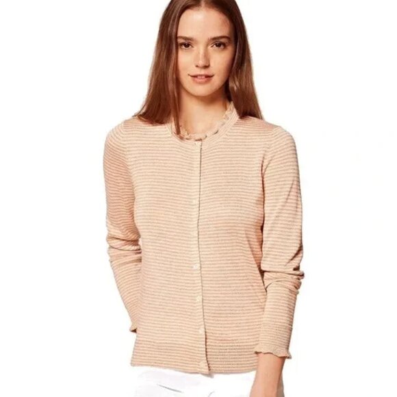 LOFT Gold Metallic Shimmer Ruffle Button Up Cardigan - Picture 2 of 7